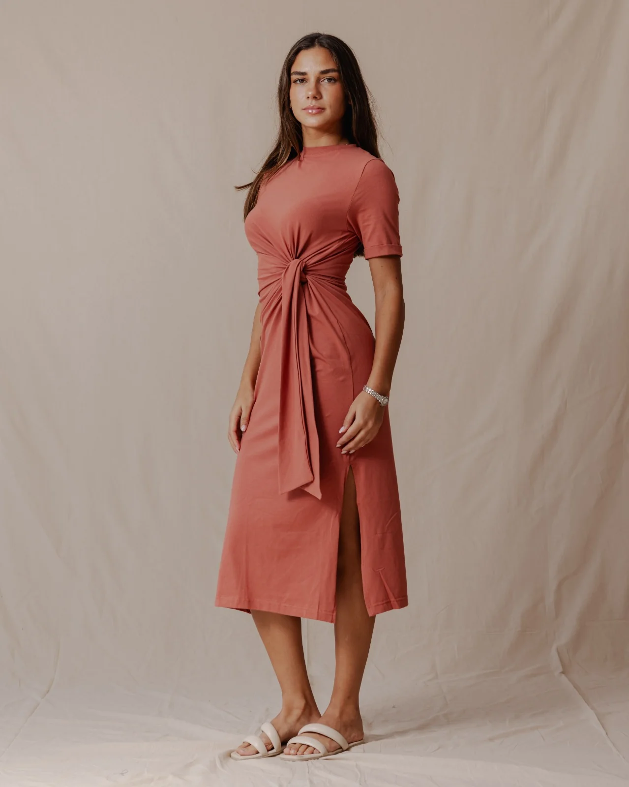 Side Tie Cotton Dress Brick - Image 7