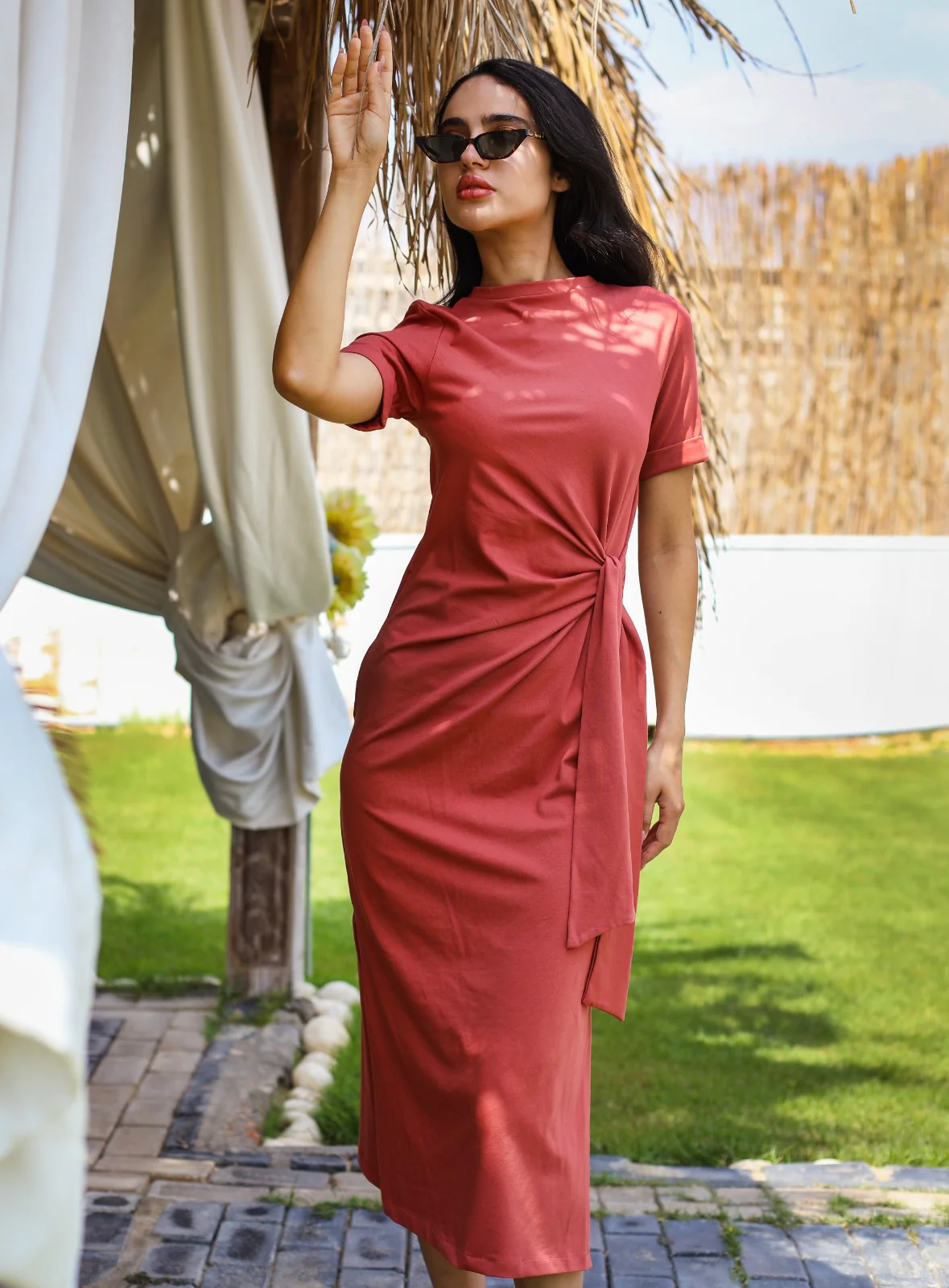 Side Tie Cotton Dress Brick - Image 8