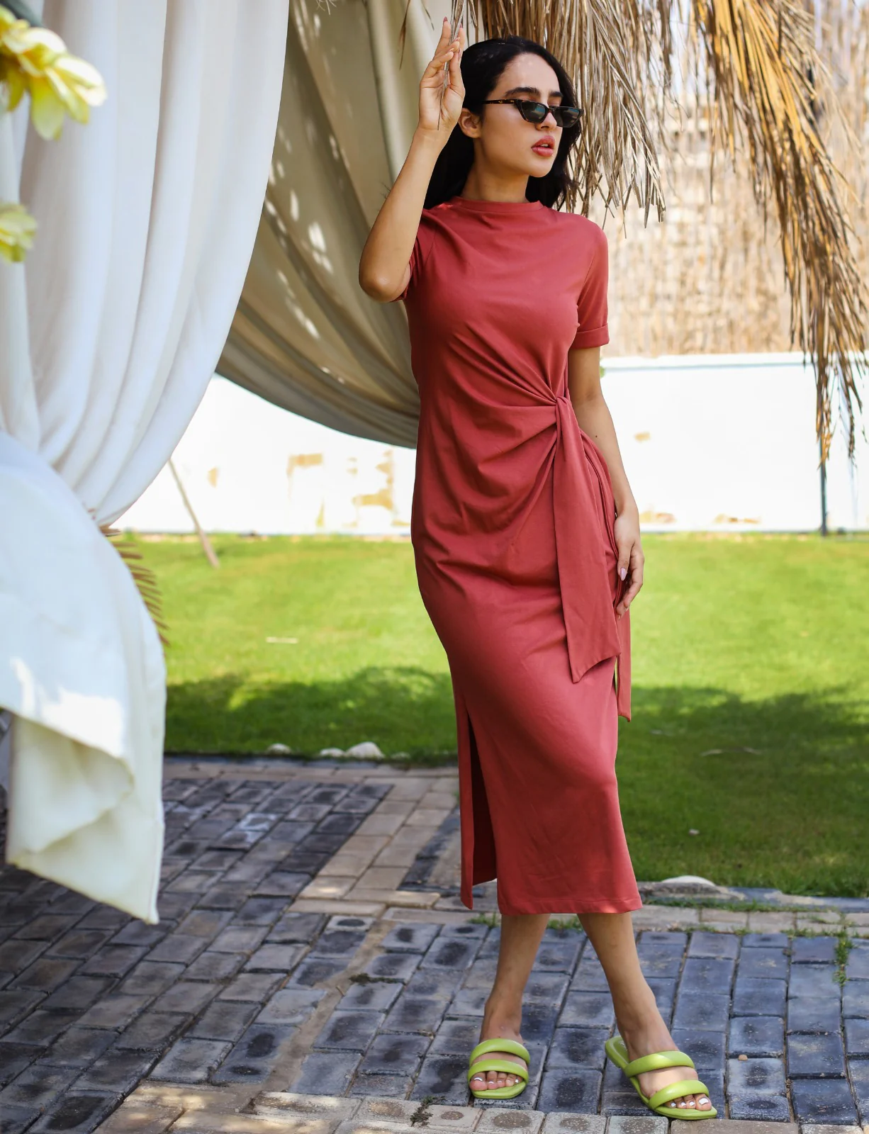 Side Tie Cotton Dress Brick - Image 9