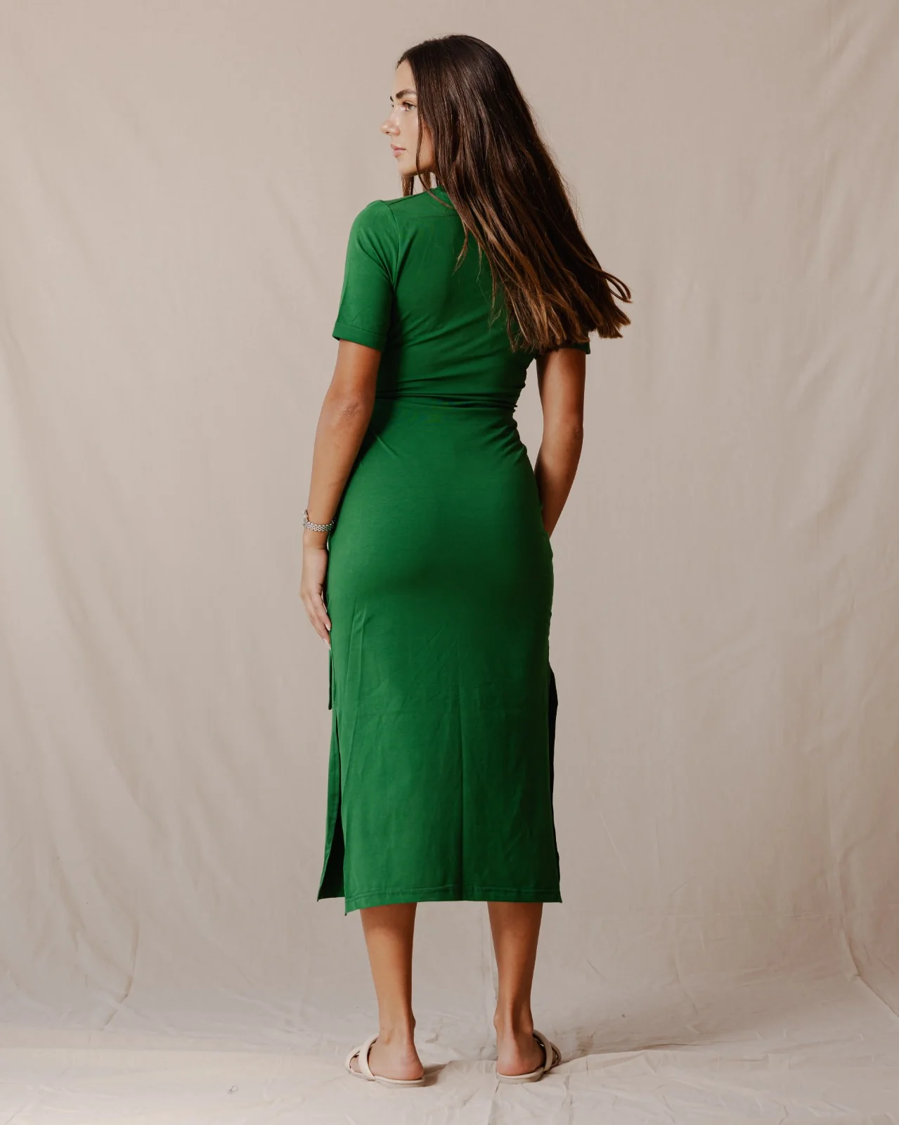 Side Tie Cotton Dress Green - Image 3