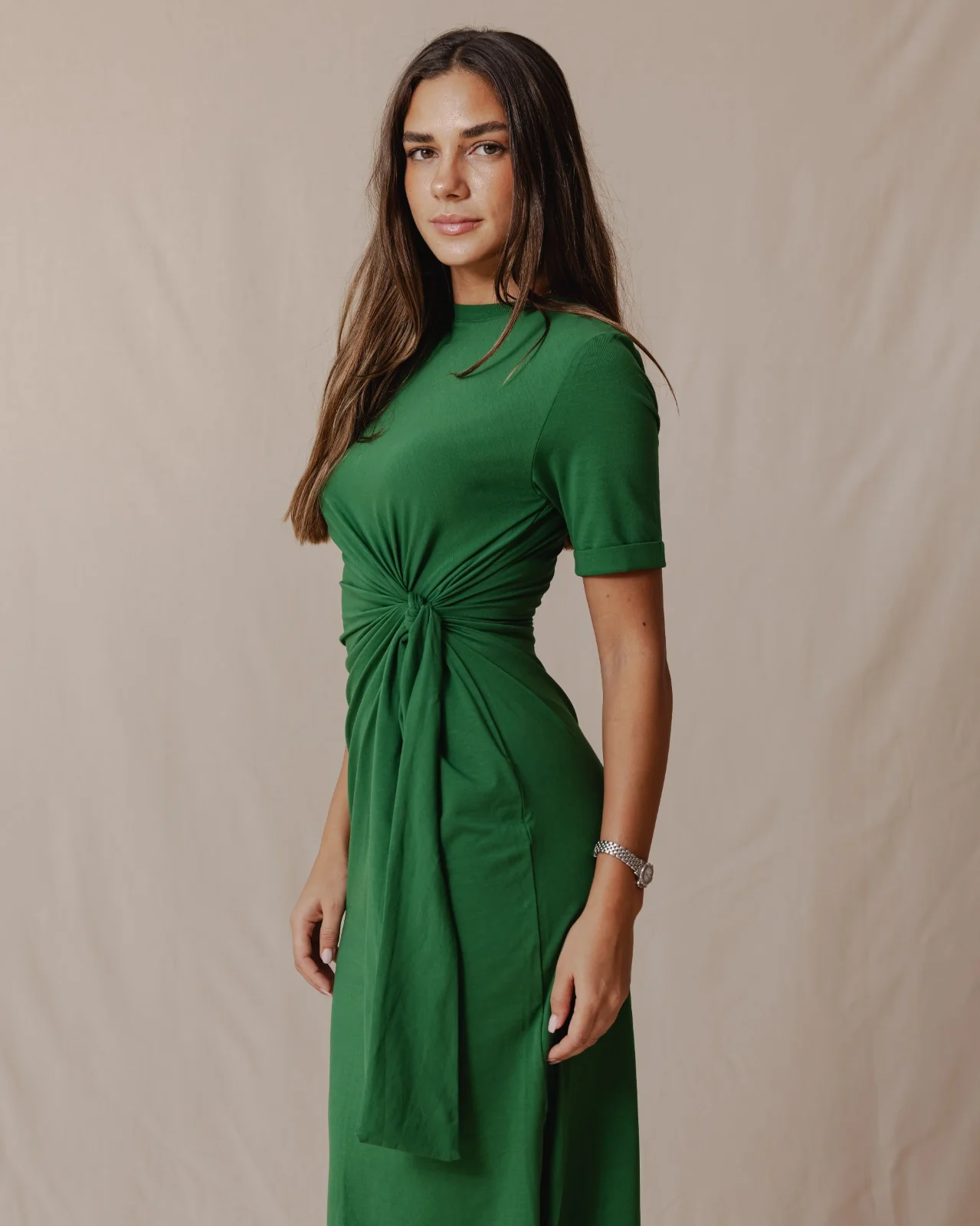 Side Tie Cotton Dress Green - Image 5