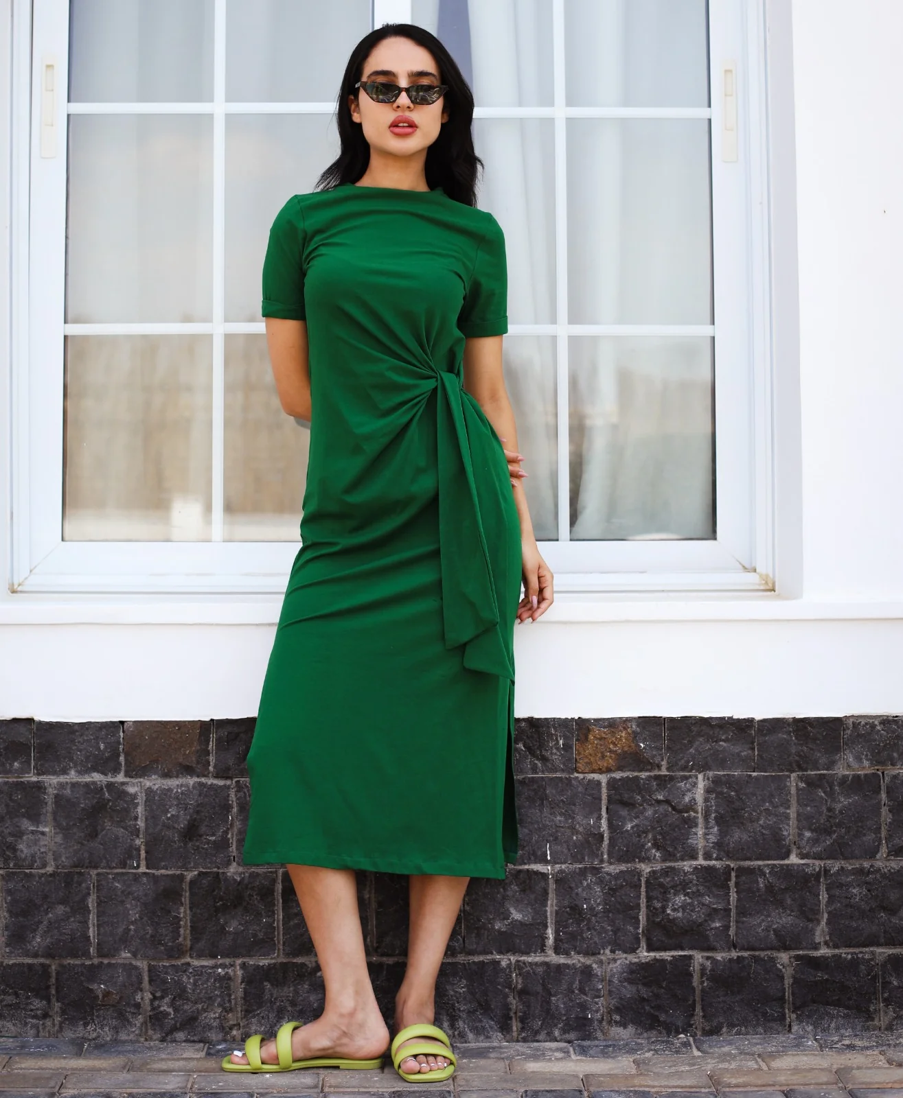 Side Tie Cotton Dress Green - Image 8