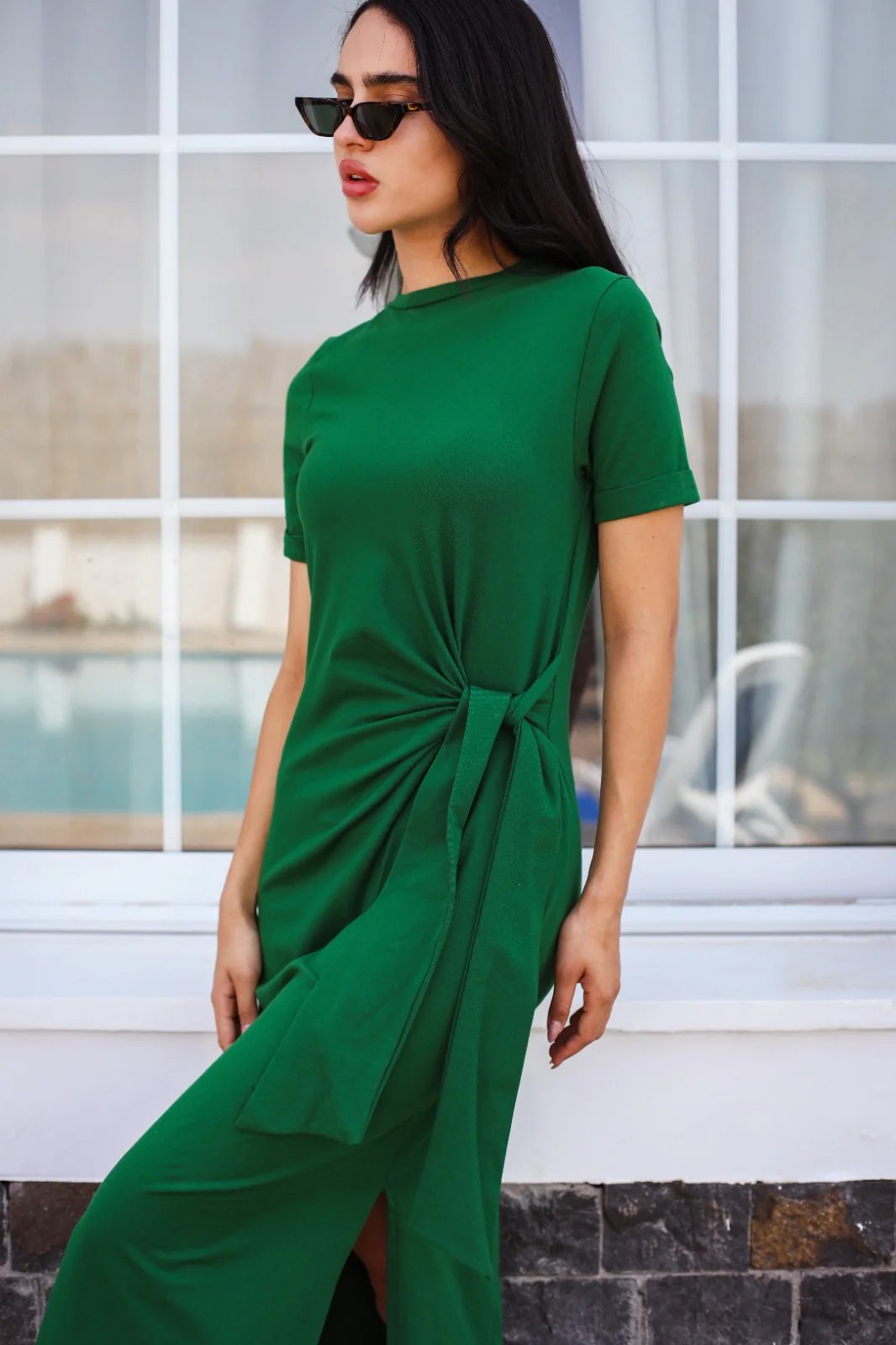 Side Tie Cotton Dress Green - Image 9