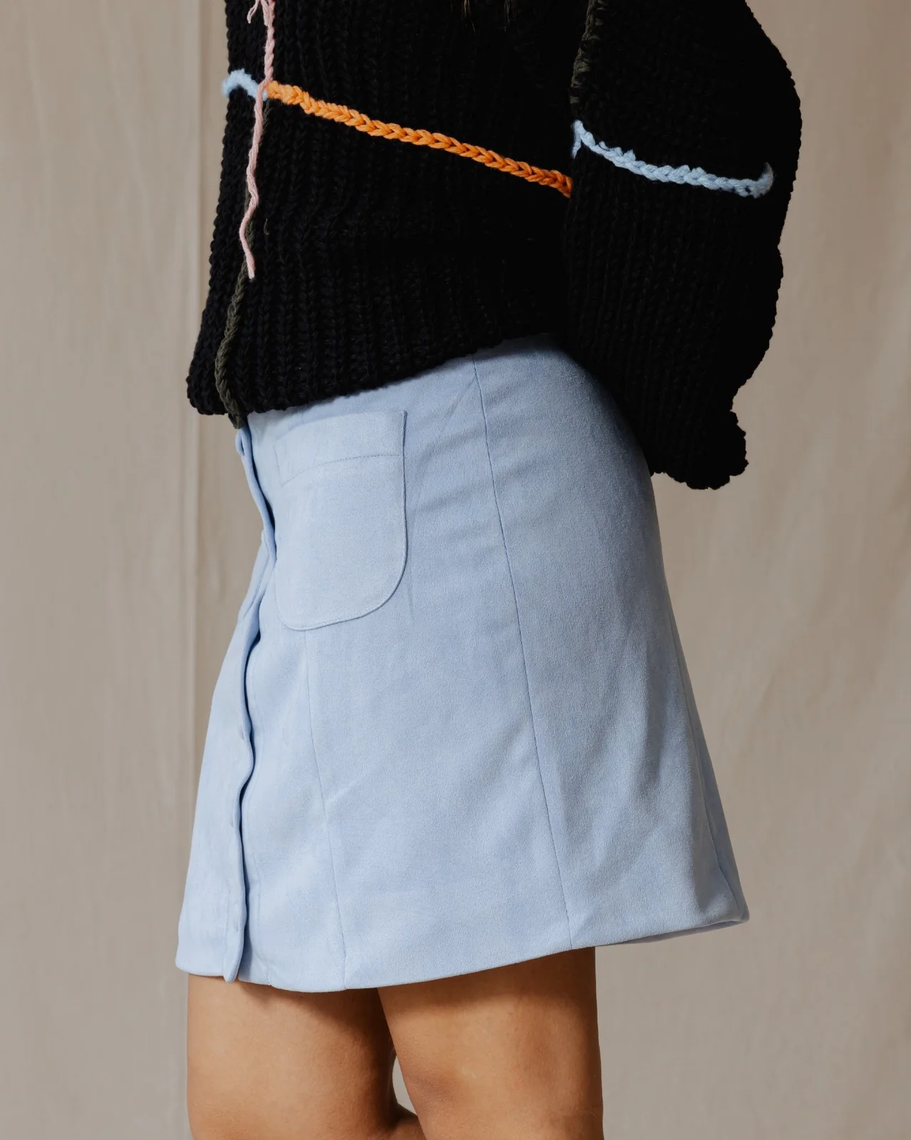 Suede Buttoned Mini Skirt Baby Blue - Image 2