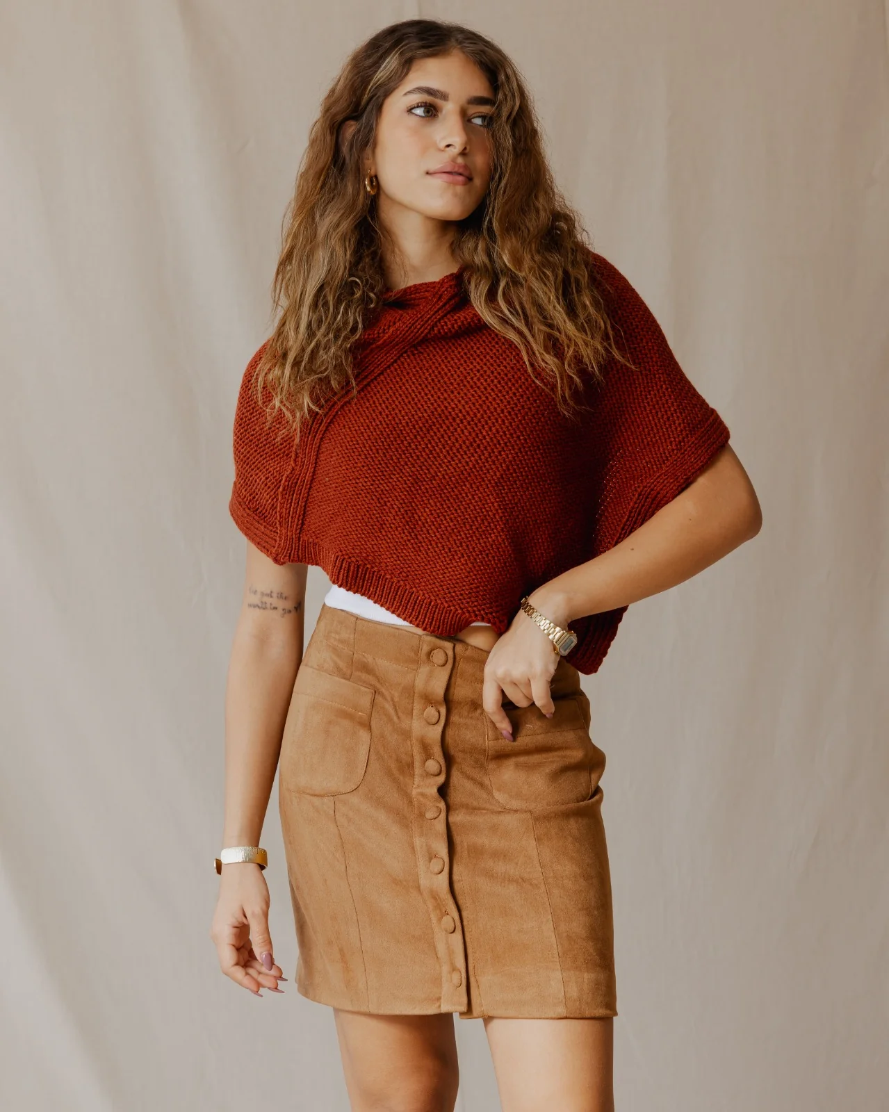 Suede Buttoned Mini Skirt Havane - Image 2