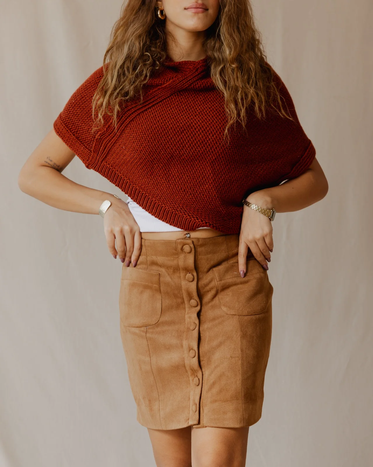 Suede Buttoned Mini Skirt Havane - Image 3