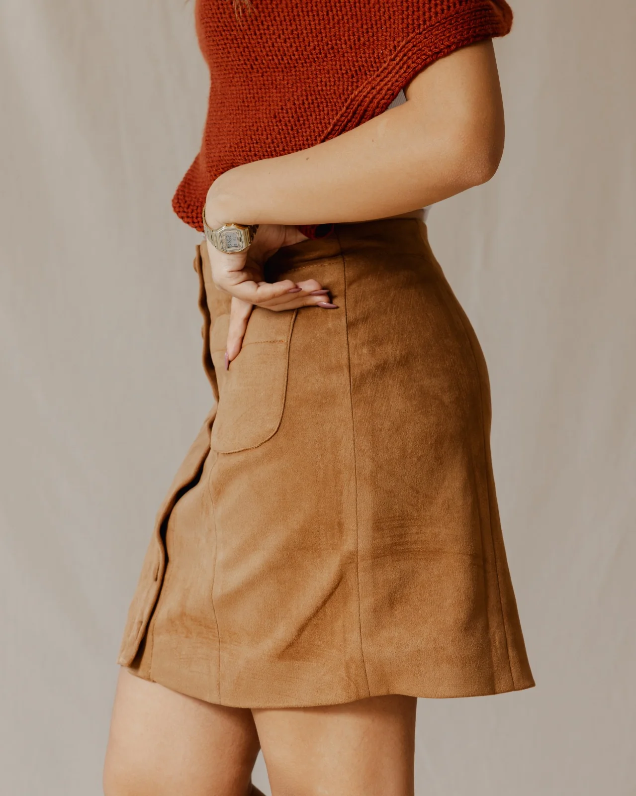 Suede Buttoned Mini Skirt Havane - Image 4