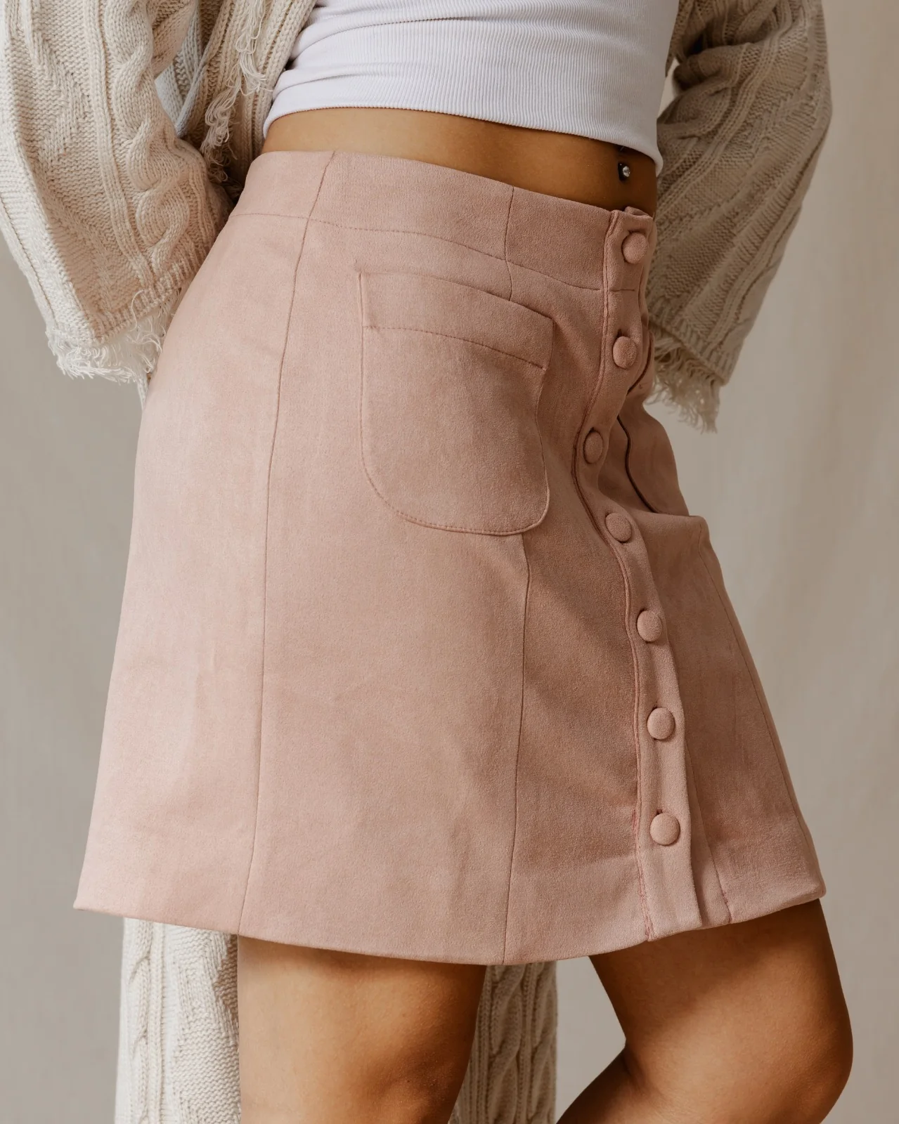 Suede Buttoned Mini Skirt Pink - Image 3