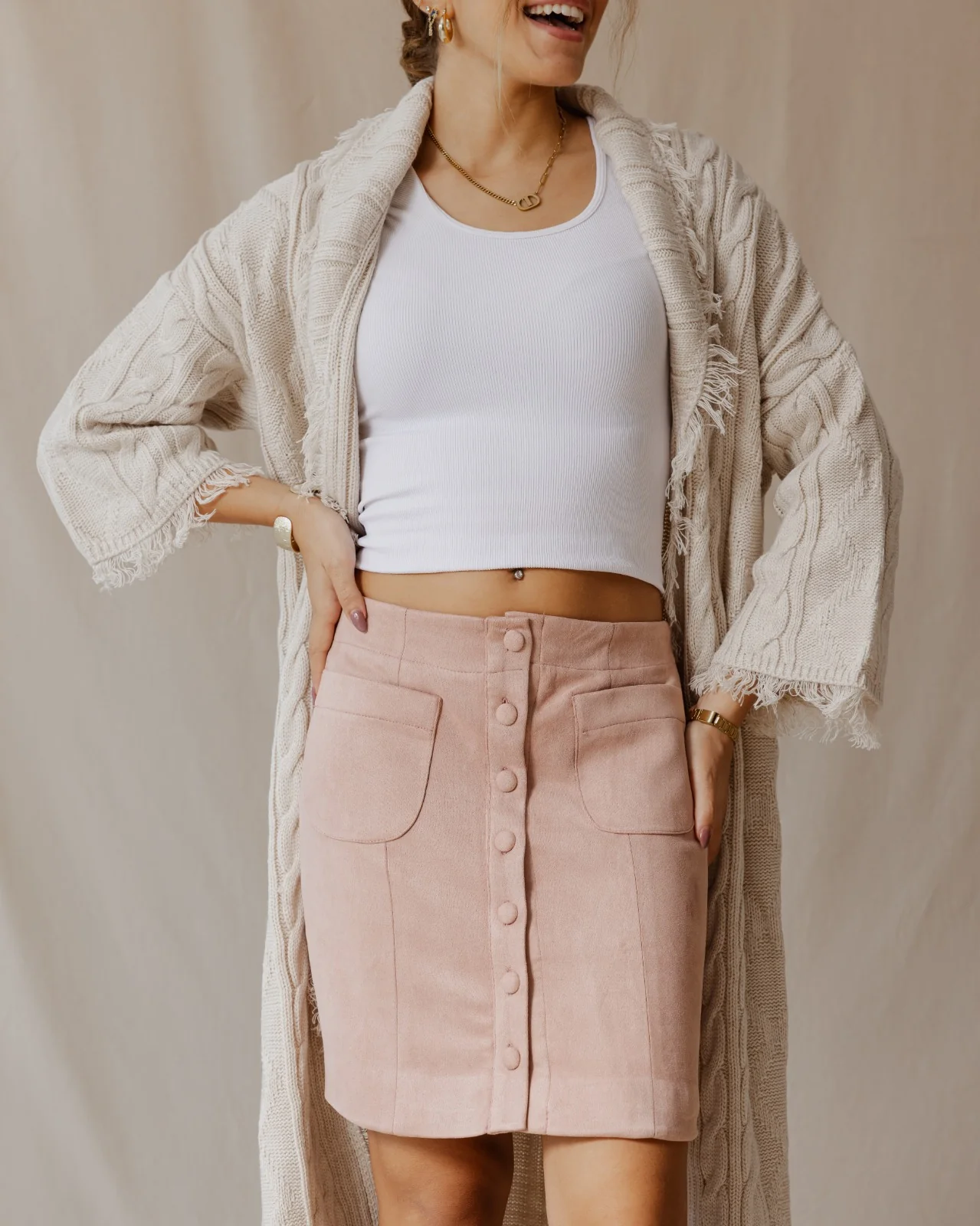 Suede Buttoned Mini Skirt Pink - Image 4
