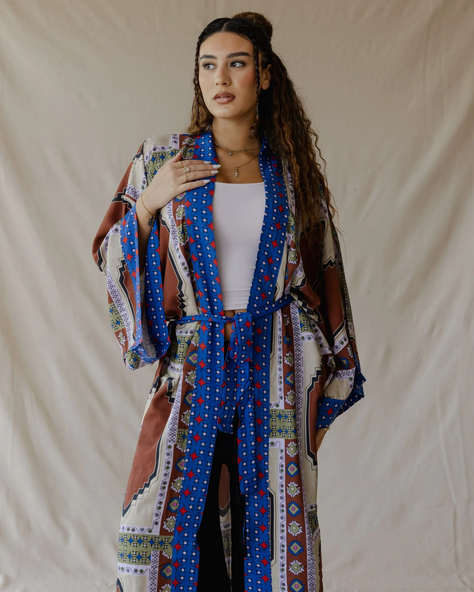 Tiles Cotton Kimono Brown and Blue - Image 4