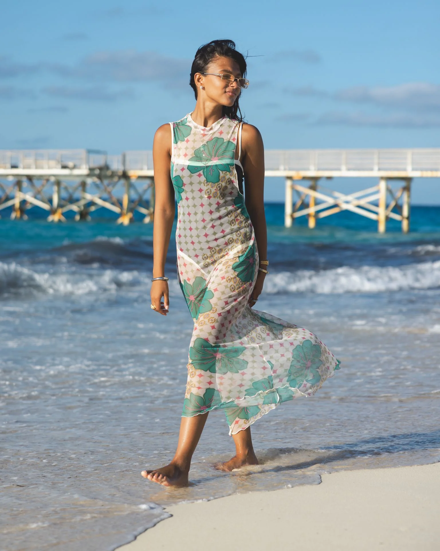Tropical Mesh Dress in Off-White - Image 2