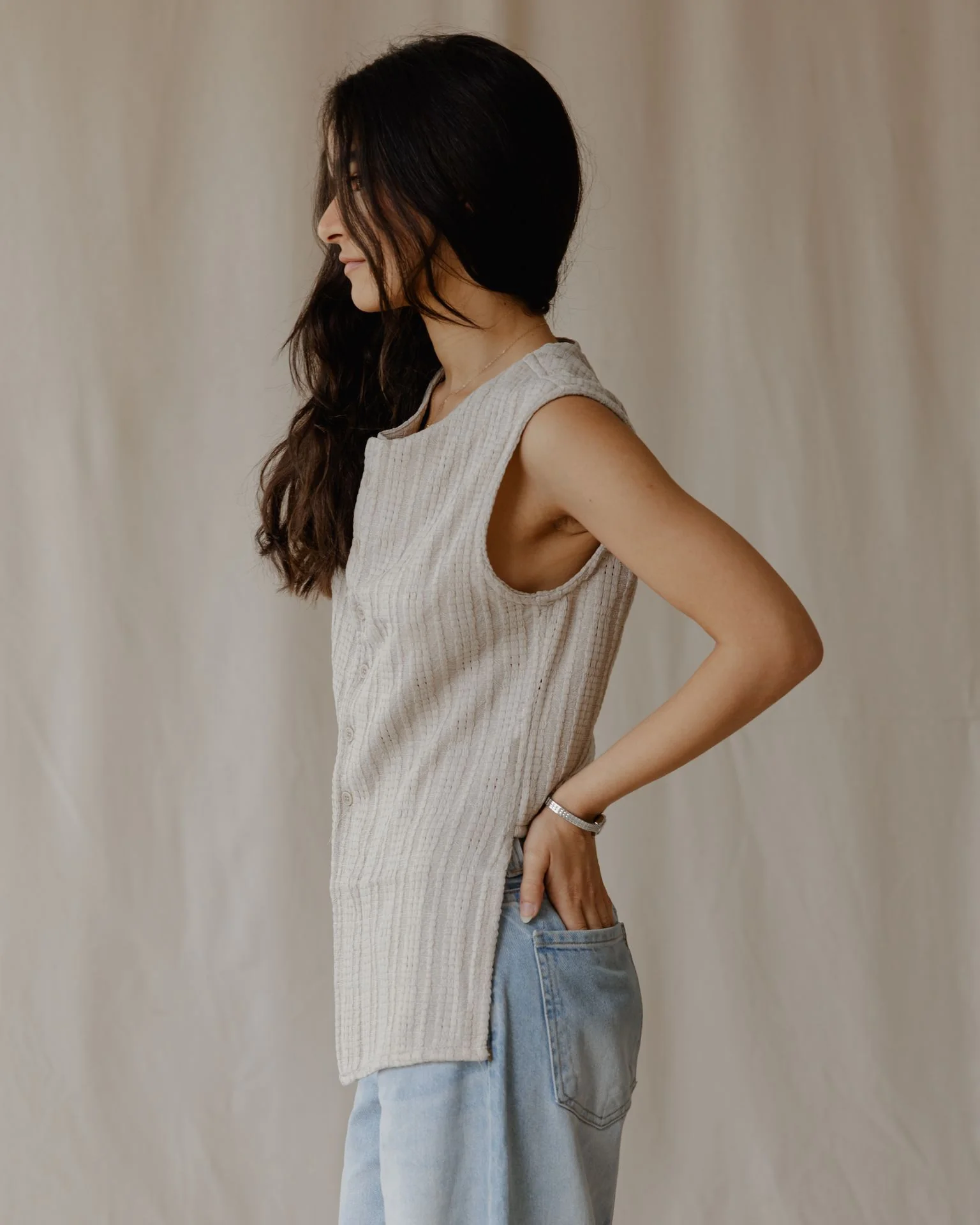 Woven Asymmetrical Beige Vest - Image 2