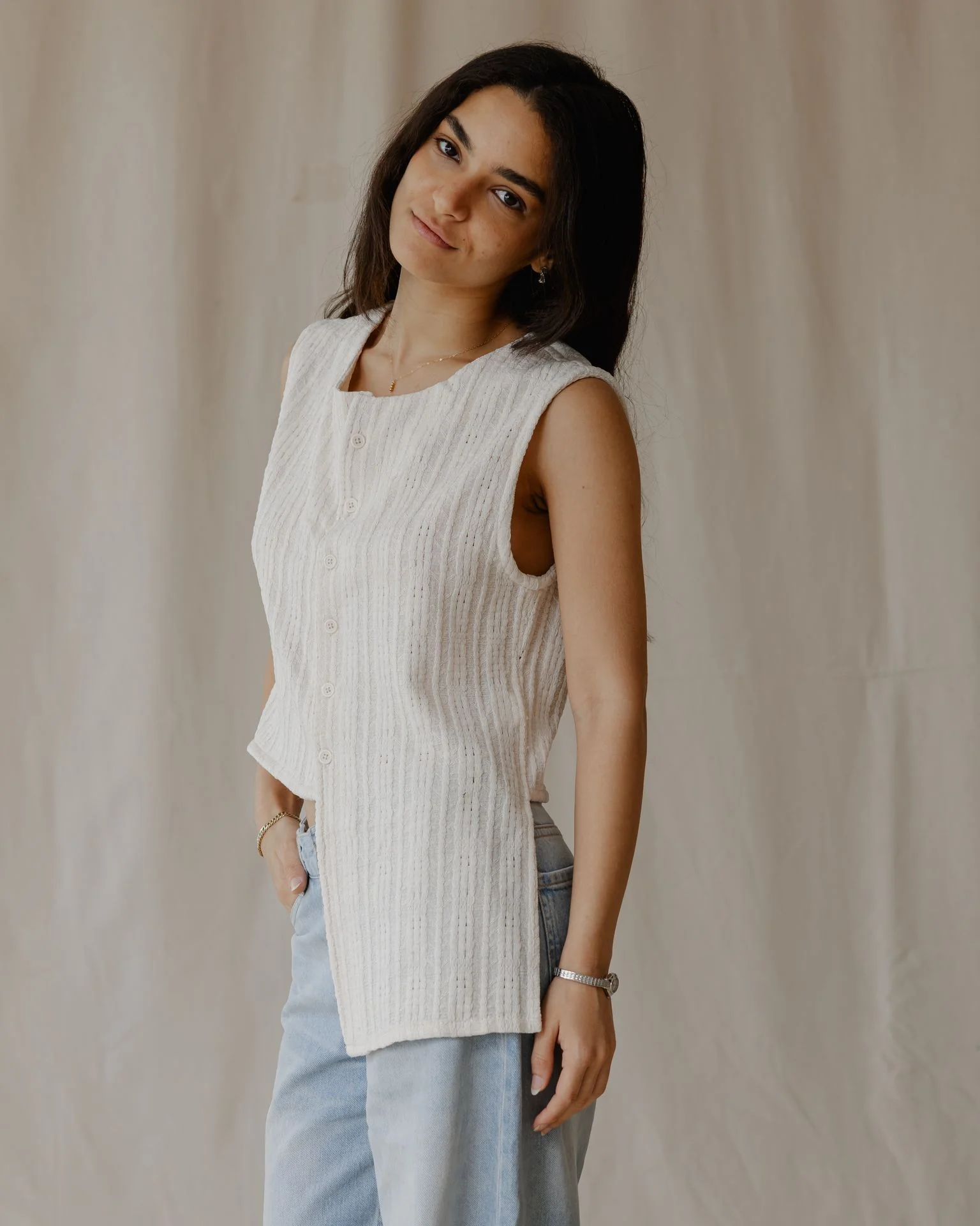Woven Asymmetrical Off-White Vest - Image 2