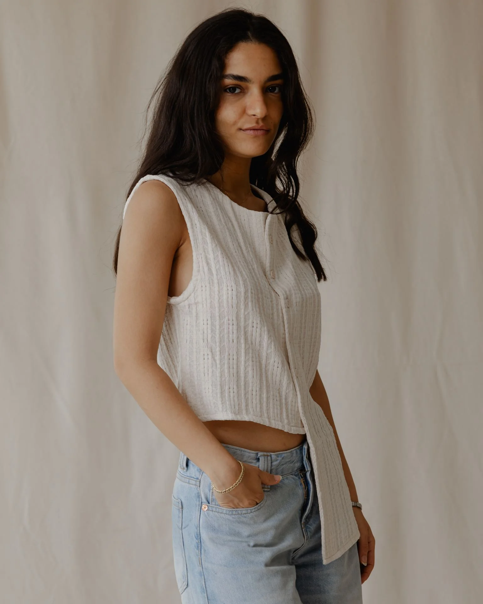 Woven Asymmetrical Off-White Vest - Image 3