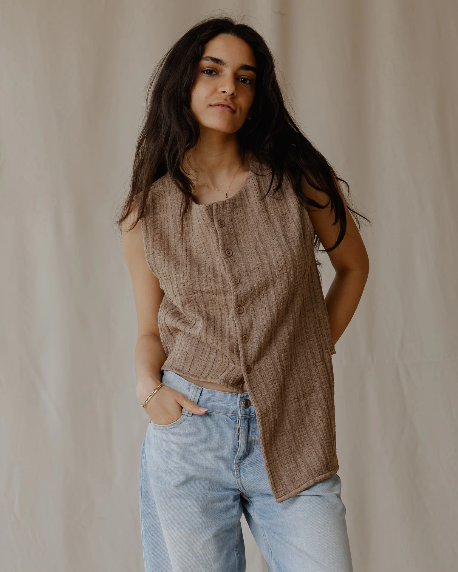 Woven Asymmetrical Camel Vest