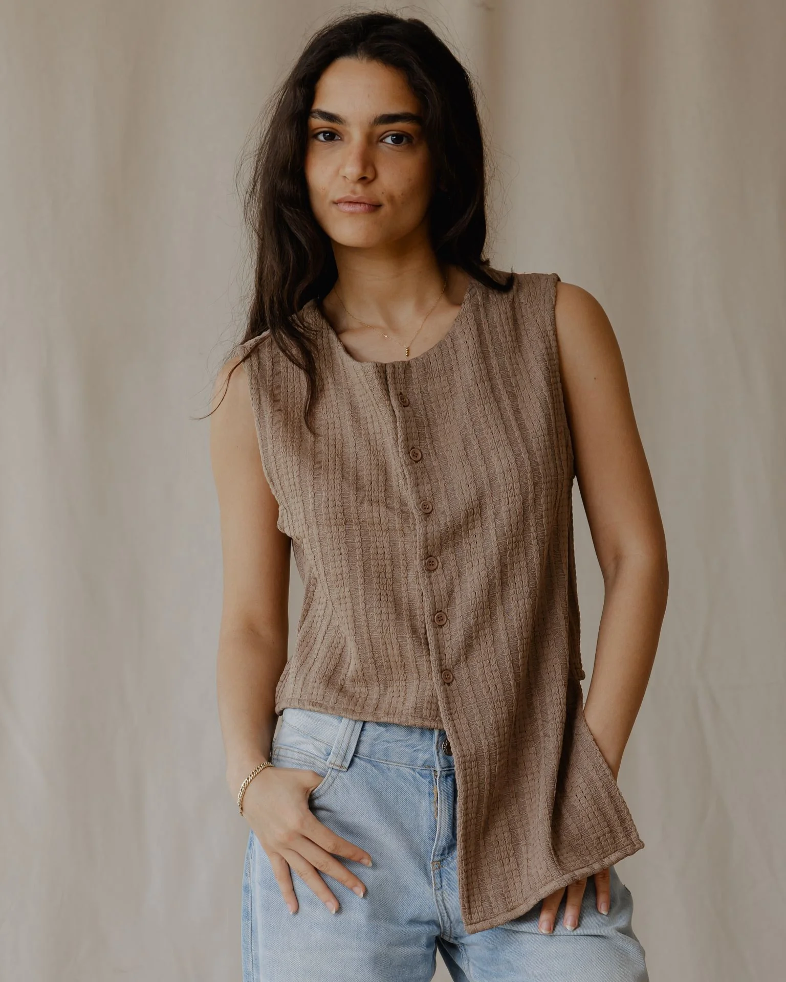 Woven Asymmetrical Camel Vest - Image 2