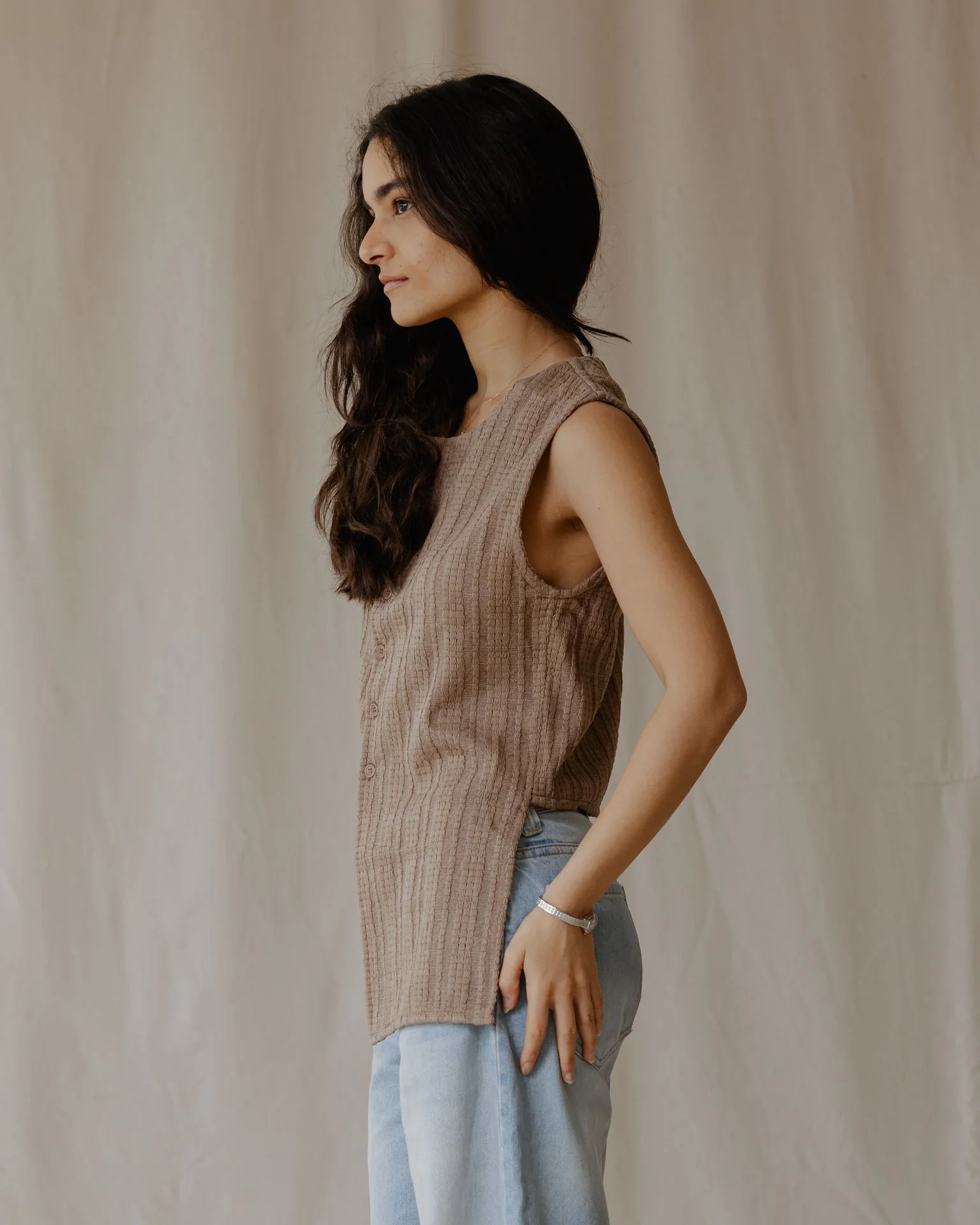 Woven Asymmetrical Camel Vest - Image 3