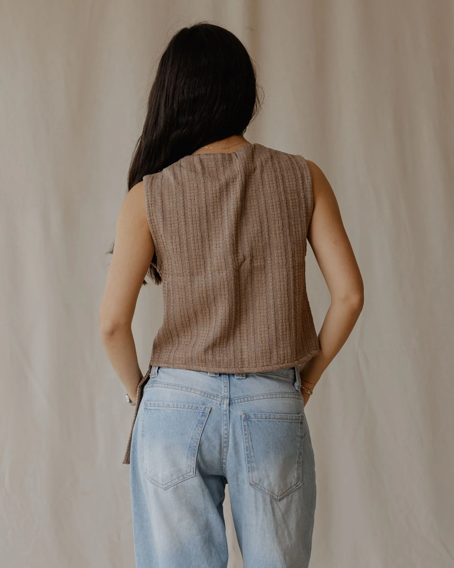 Woven Asymmetrical Camel Vest - Image 4